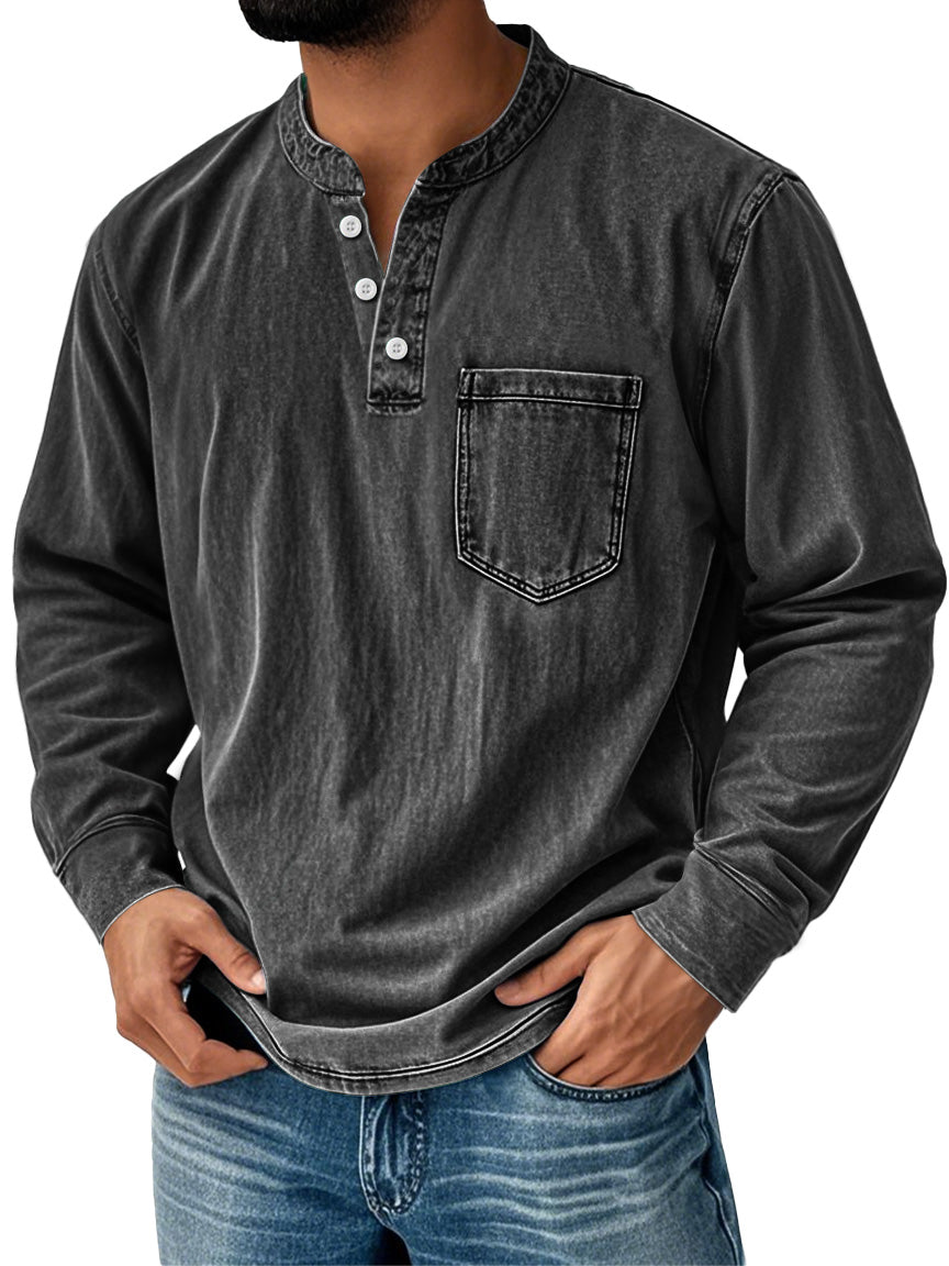 Men's Retro Stand Collar Pocket Casual Distressed Long Sleeve Henley Shirt