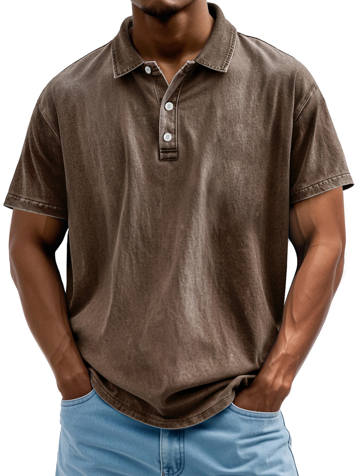 Men's Vintage Washed And Distressed Pure Cotton Lapel Short-sleeved Polo Shirt