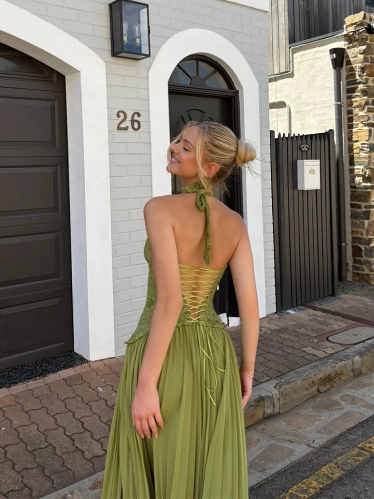 Green Corset Halter Elegant Maxi Dress